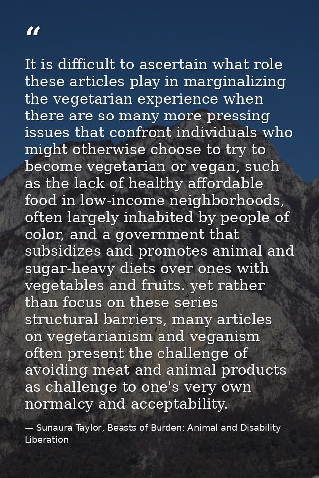 It is difficult to ascertain what role these articles play in marginalizing the vegetarian experience when there are so  — Sunaura Taylor, Beasts of Burden: Animal and Disability Liberation