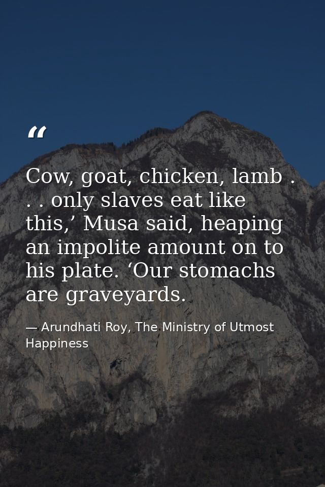 Cow, goat, chicken, lamb . . . only slaves eat like this,’ Musa said, heaping an impolite amount on to his plate. ‘Our s — Arundhati Roy, The Ministry of Utmost Happiness