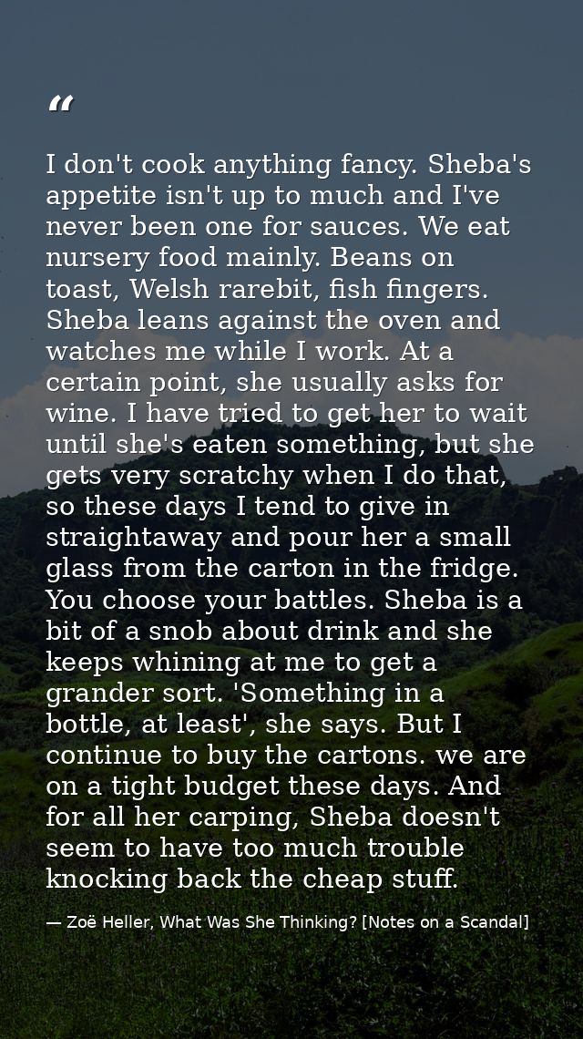I don't cook anything fancy. Sheba's appetite isn't up to much and I've never been one for sauces. We eat nursery food m — Zoë Heller, What Was She Thinking? [Notes on a Scandal]