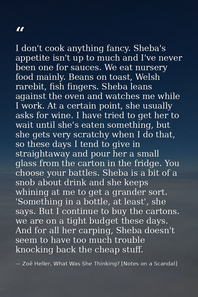 I don't cook anything fancy. Sheba's appetite isn't up to much and I've never been one for sauces. We eat nursery food m — Zoë Heller, What Was She Thinking? [Notes on a Scandal]
