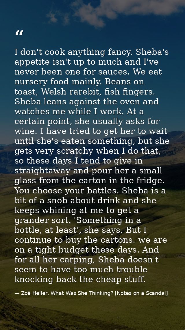 I don't cook anything fancy. Sheba's appetite isn't up to much and I've never been one for sauces. We eat nursery food m — Zoë Heller, What Was She Thinking? [Notes on a Scandal]