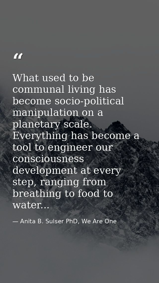 What used to be communal living has become socio-political manipulation on a planetary scale. Everything has become a to — Anita B. Sulser PhD, We Are One