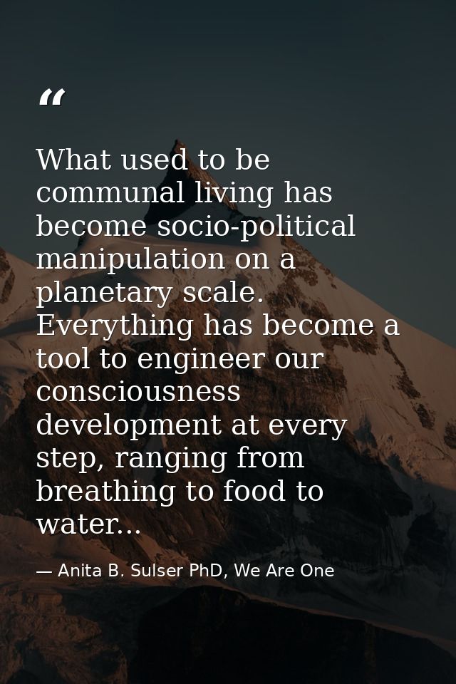 What used to be communal living has become socio-political manipulation on a planetary scale. Everything has become a to — Anita B. Sulser PhD, We Are One