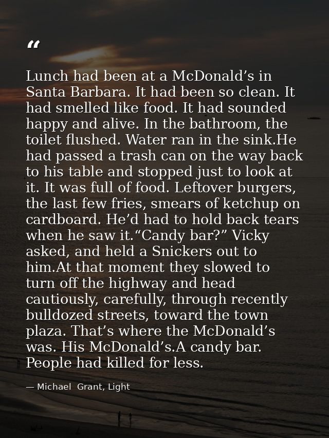 Lunch had been at a McDonald’s in Santa Barbara. It had been so clean. It had smelled like food. It had sounded happy an — Michael  Grant, Light