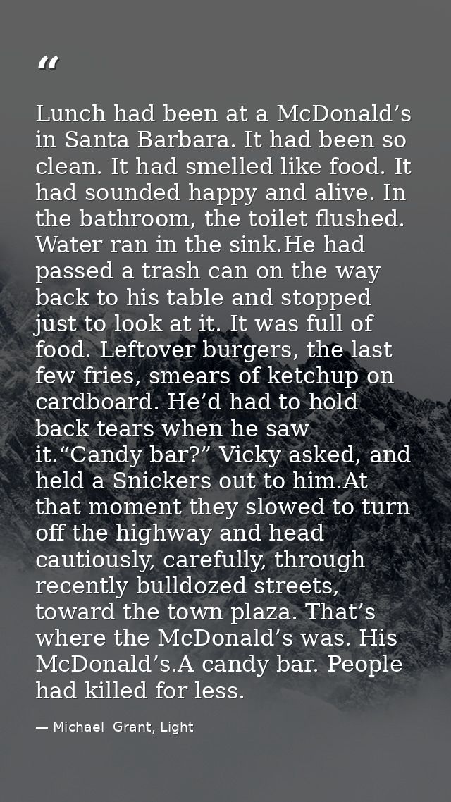 Lunch had been at a McDonald’s in Santa Barbara. It had been so clean. It had smelled like food. It had sounded happy an — Michael  Grant, Light