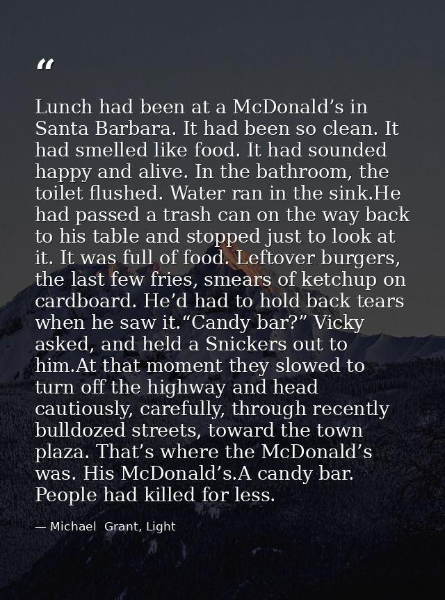 Lunch had been at a McDonald’s in Santa Barbara. It had been so clean. It had smelled like food. It had sounded happy an — Michael  Grant, Light