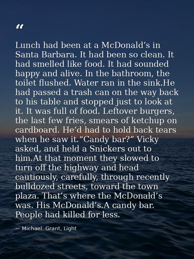 Lunch had been at a McDonald’s in Santa Barbara. It had been so clean. It had smelled like food. It had sounded happy an — Michael  Grant, Light