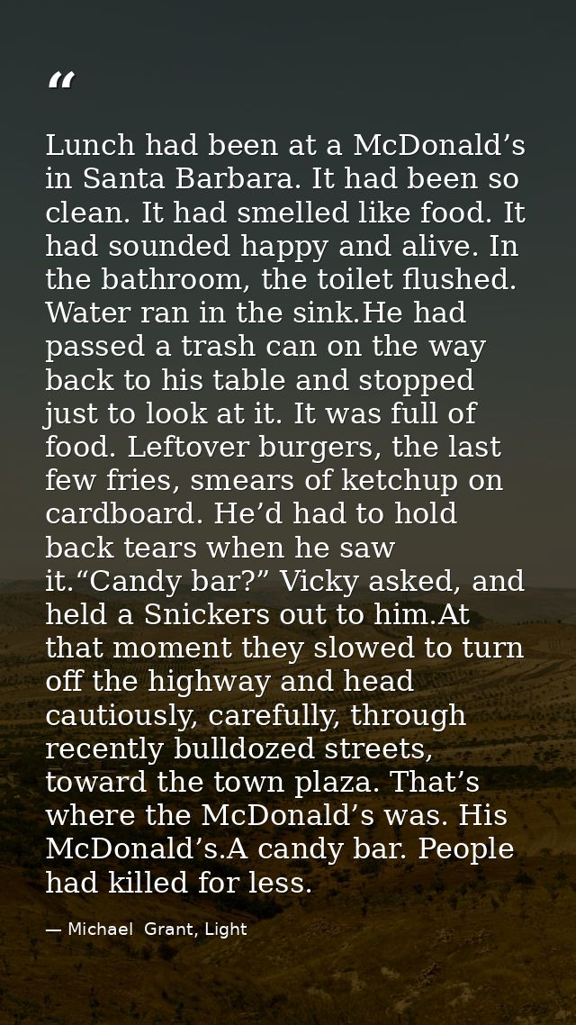 Lunch had been at a McDonald’s in Santa Barbara. It had been so clean. It had smelled like food. It had sounded happy an — Michael  Grant, Light