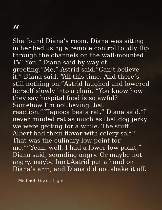 She found Diana’s room. Diana was sitting in her bed using a remote control to idly flip through the channels on the wal — Michael  Grant, Light