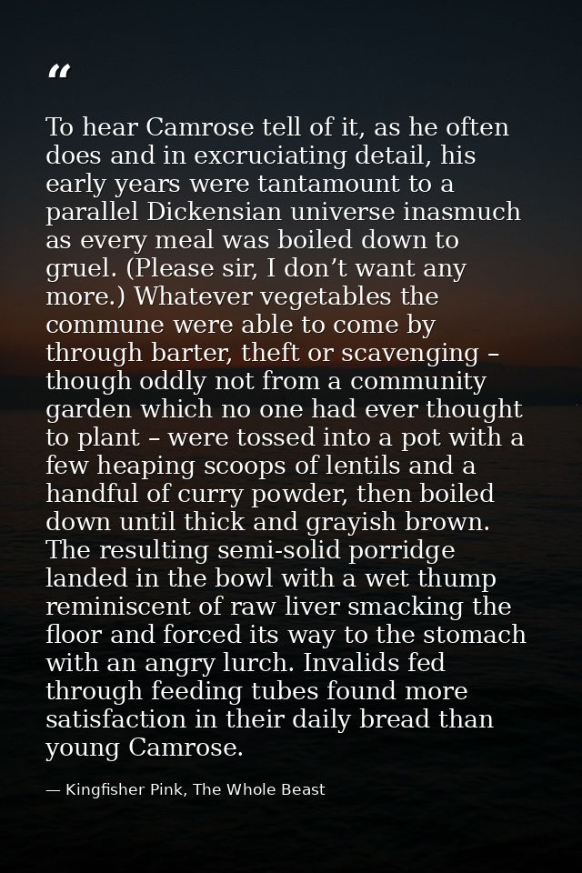 To hear Camrose tell of it, as he often does and in excruciating detail, his early years were tantamount to a parallel D — Kingfisher Pink, The Whole Beast