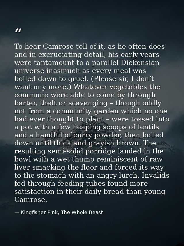To hear Camrose tell of it, as he often does and in excruciating detail, his early years were tantamount to a parallel D — Kingfisher Pink, The Whole Beast