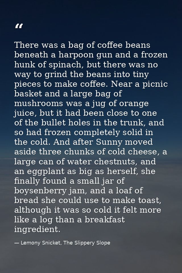 There was a bag of coffee beans beneath a harpoon gun and a frozen hunk of spinach, but there was no way to grind the be — Lemony Snicket, The Slippery Slope