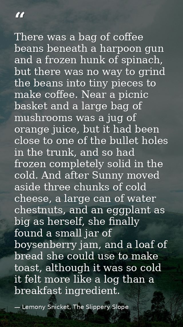 There was a bag of coffee beans beneath a harpoon gun and a frozen hunk of spinach, but there was no way to grind the be — Lemony Snicket, The Slippery Slope