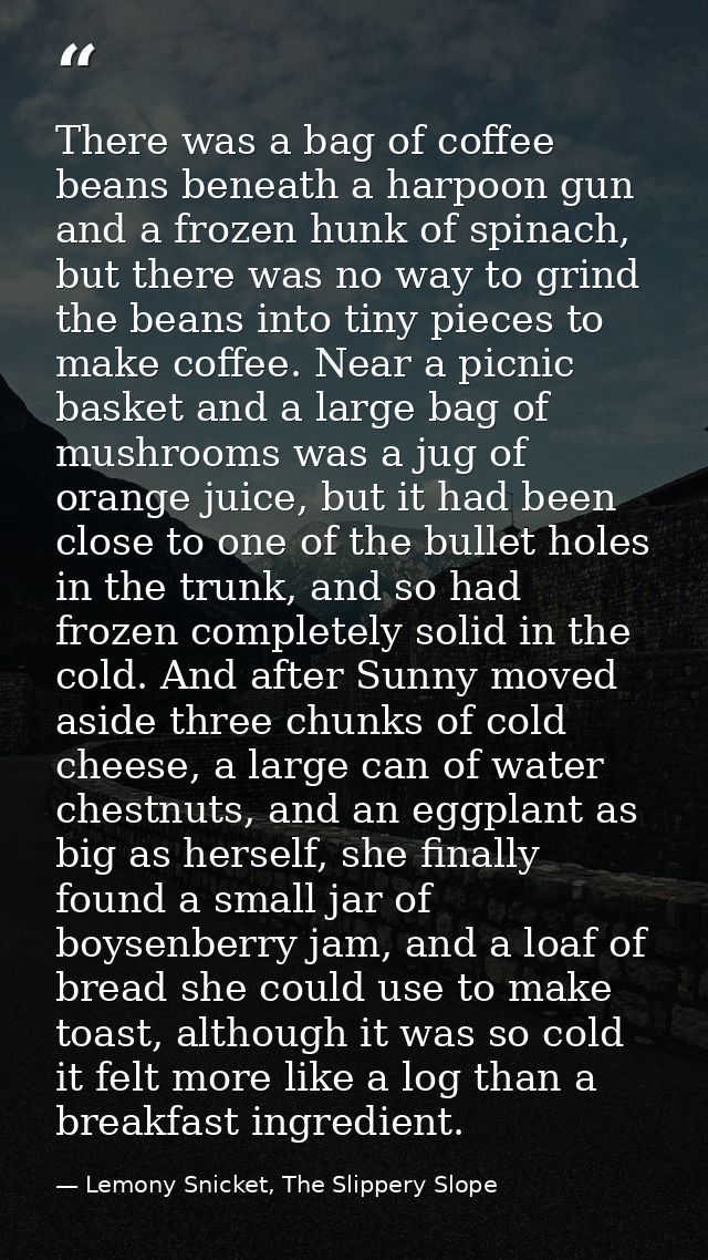 There was a bag of coffee beans beneath a harpoon gun and a frozen hunk of spinach, but there was no way to grind the be — Lemony Snicket, The Slippery Slope