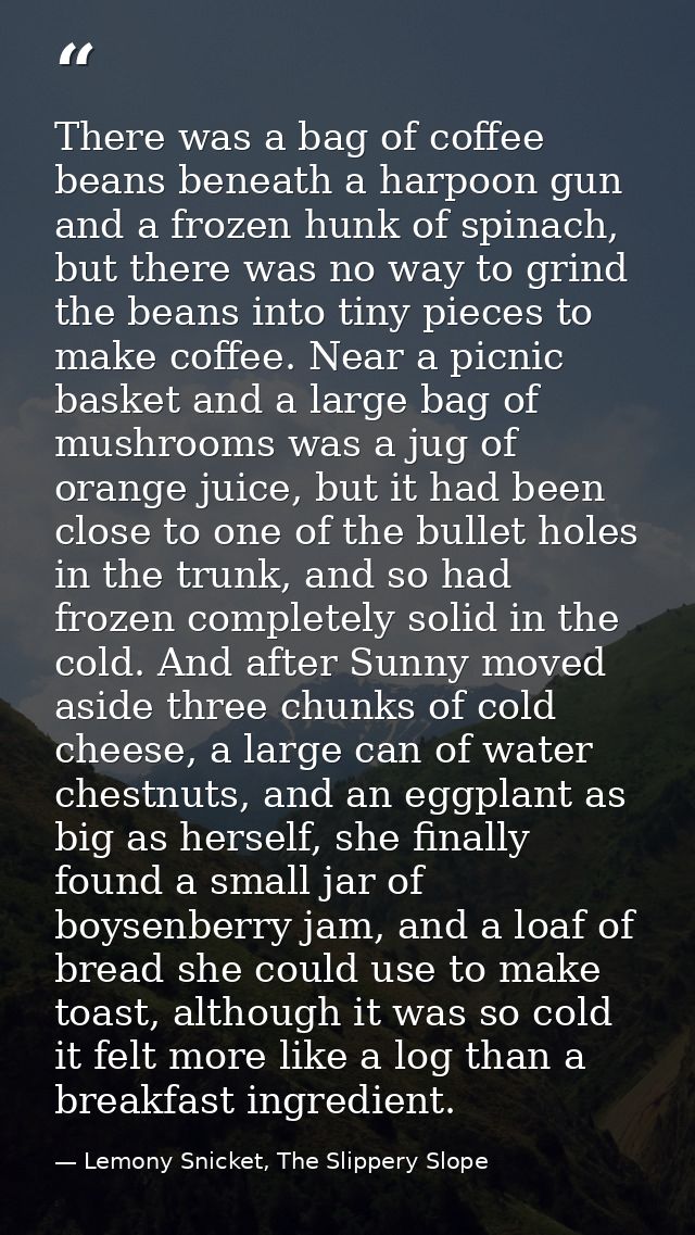 There was a bag of coffee beans beneath a harpoon gun and a frozen hunk of spinach, but there was no way to grind the be — Lemony Snicket, The Slippery Slope