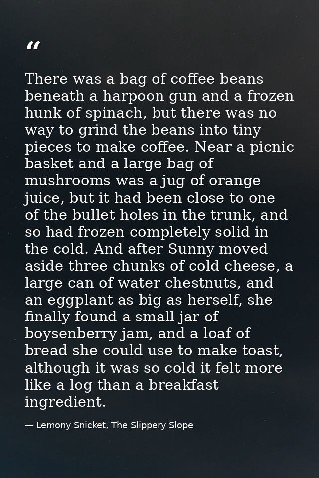 There was a bag of coffee beans beneath a harpoon gun and a frozen hunk of spinach, but there was no way to grind the be — Lemony Snicket, The Slippery Slope