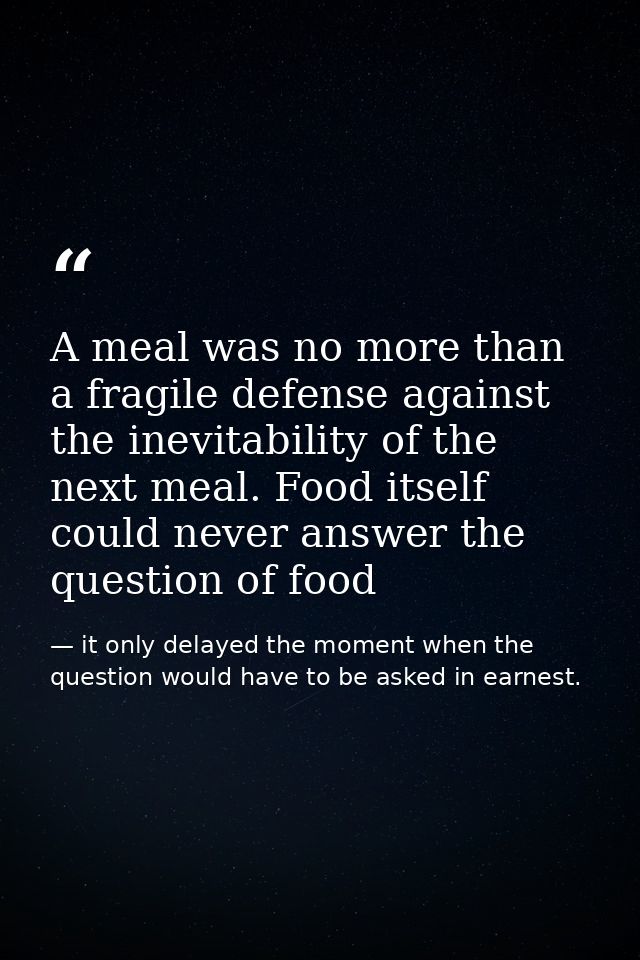 A meal was no more than a fragile defense against the inevitability of the next meal. Food itself could never answer the — it only delayed the moment when the question would have to be asked in earnest.