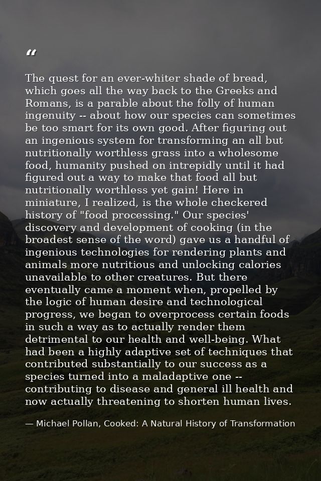 The quest for an ever-whiter shade of bread, which goes all the way back to the Greeks and Romans, is a parable about th — Michael Pollan, Cooked: A Natural History of Transformation