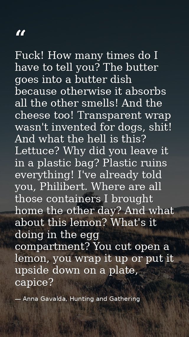 Fuck! How many times do I have to tell you? The butter goes into a butter dish because otherwise it absorbs all the othe — Anna Gavalda, Hunting and Gathering