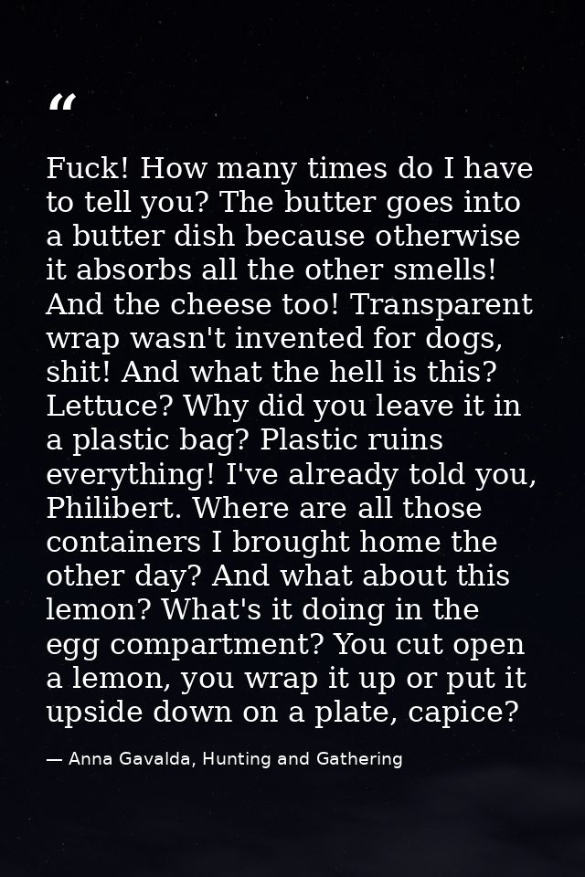 Fuck! How many times do I have to tell you? The butter goes into a butter dish because otherwise it absorbs all the othe — Anna Gavalda, Hunting and Gathering