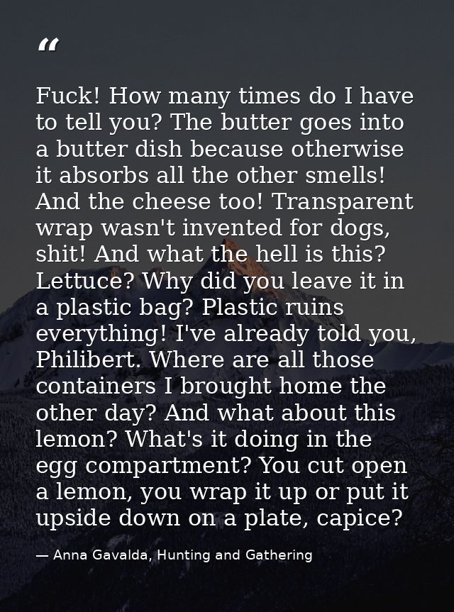 Fuck! How many times do I have to tell you? The butter goes into a butter dish because otherwise it absorbs all the othe — Anna Gavalda, Hunting and Gathering