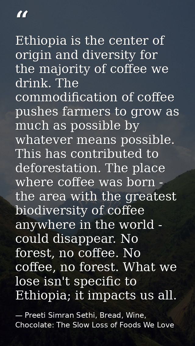 Ethiopia is the center of origin and diversity for the majority of coffee we drink. The commodification of coffee pushes — Preeti Simran Sethi, Bread, Wine, Chocolate: The Slow Loss of Foods We Love
