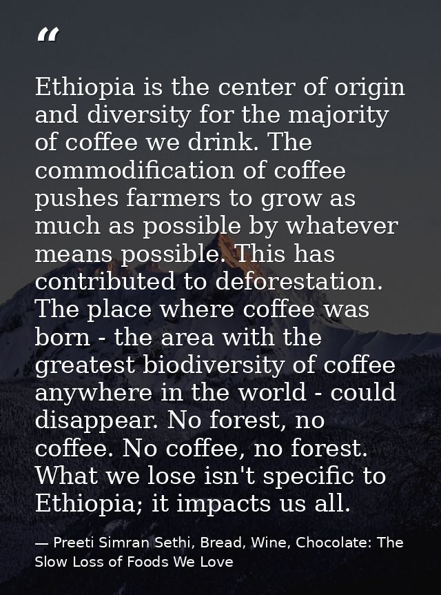 Ethiopia is the center of origin and diversity for the majority of coffee we drink. The commodification of coffee pushes — Preeti Simran Sethi, Bread, Wine, Chocolate: The Slow Loss of Foods We Love