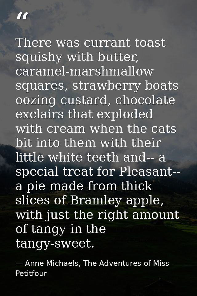 There was currant toast squishy with butter, caramel-marshmallow squares, strawberry boats oozing custard, chocolate exc — Anne Michaels, The Adventures of Miss Petitfour