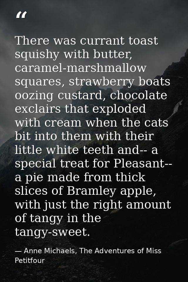There was currant toast squishy with butter, caramel-marshmallow squares, strawberry boats oozing custard, chocolate exc — Anne Michaels, The Adventures of Miss Petitfour