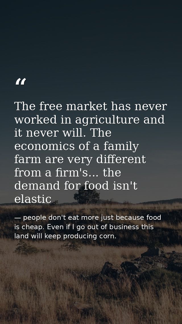 The free market has never worked in agriculture and it never will. The economics of a family farm are very different fro — people don't eat more just because food is cheap. Even if I go out of business this land will keep producing corn.