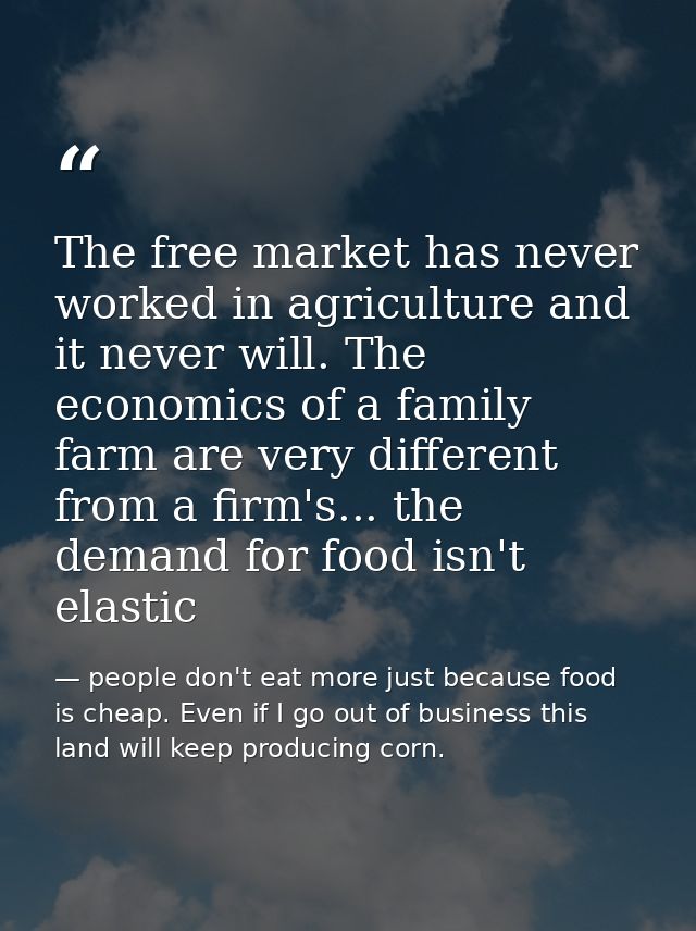 The free market has never worked in agriculture and it never will. The economics of a family farm are very different fro — people don't eat more just because food is cheap. Even if I go out of business this land will keep producing corn.