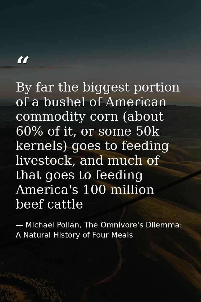 By far the biggest portion of a bushel of American commodity corn (about 60% of it, or some 50k kernels) goes to feeding — Michael Pollan, The Omnivore's Dilemma: A Natural History of Four Meals