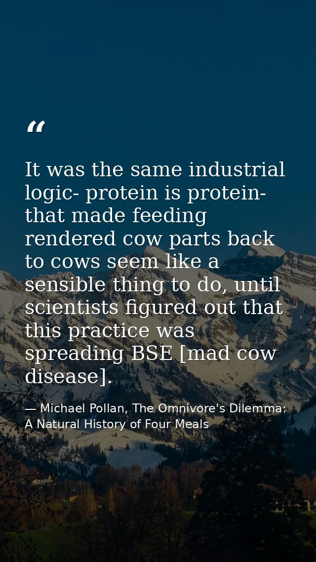 It was the same industrial logic- protein is protein- that made feeding rendered cow parts back to cows seem like a sens — Michael Pollan, The Omnivore's Dilemma: A Natural History of Four Meals