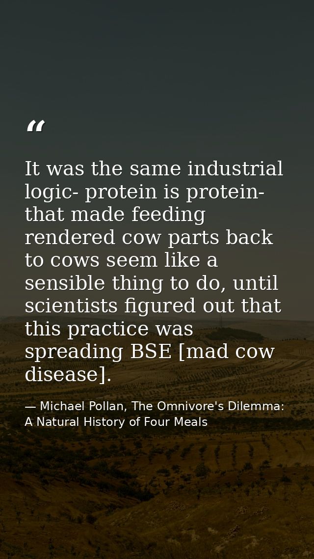 It was the same industrial logic- protein is protein- that made feeding rendered cow parts back to cows seem like a sens — Michael Pollan, The Omnivore's Dilemma: A Natural History of Four Meals