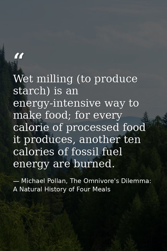 Wet milling (to produce starch) is an energy-intensive way to make food; for every calorie of processed food it produces — Michael Pollan, The Omnivore's Dilemma: A Natural History of Four Meals