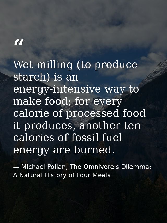 Wet milling (to produce starch) is an energy-intensive way to make food; for every calorie of processed food it produces — Michael Pollan, The Omnivore's Dilemma: A Natural History of Four Meals