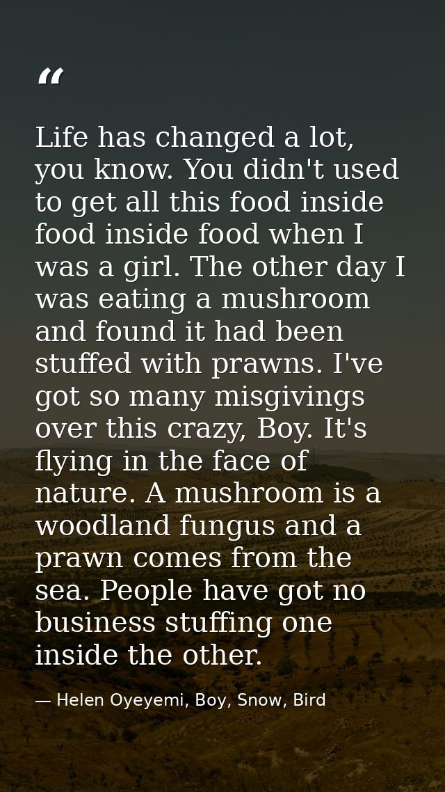 Life has changed a lot, you know. You didn't used to get all this food inside food inside food when I was a girl. The ot — Helen Oyeyemi, Boy, Snow, Bird