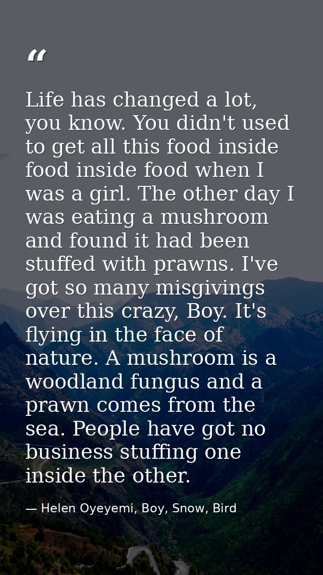 Life has changed a lot, you know. You didn't used to get all this food inside food inside food when I was a girl. The ot — Helen Oyeyemi, Boy, Snow, Bird