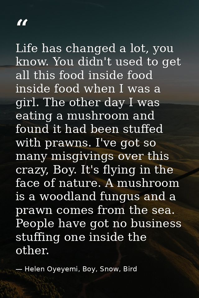 Life has changed a lot, you know. You didn't used to get all this food inside food inside food when I was a girl. The ot — Helen Oyeyemi, Boy, Snow, Bird
