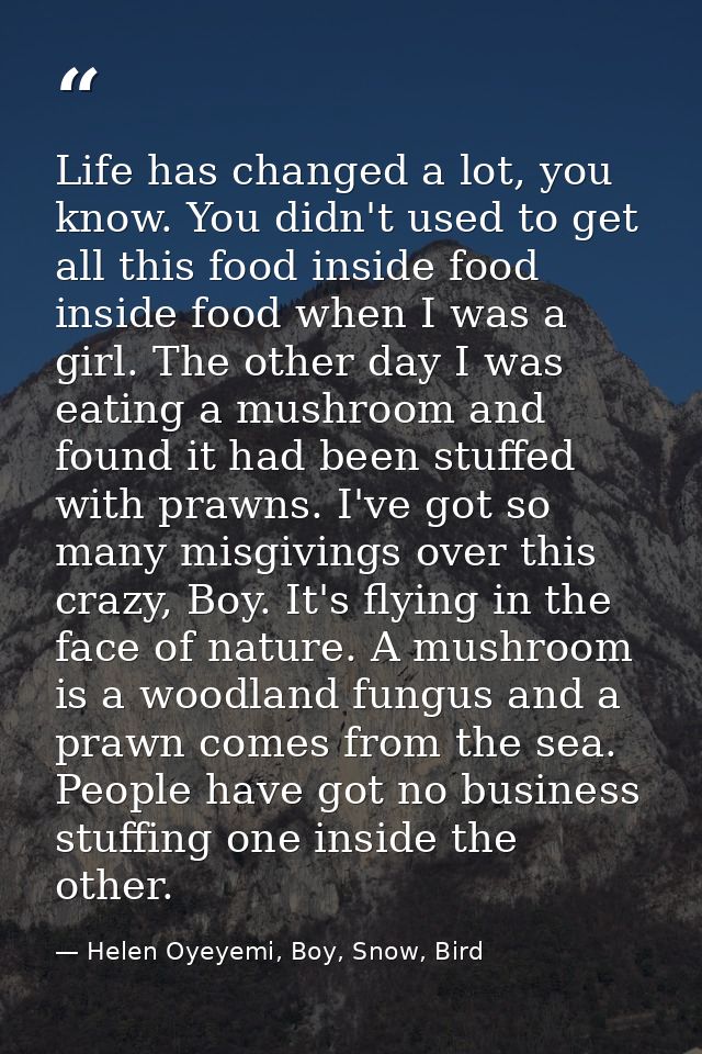Life has changed a lot, you know. You didn't used to get all this food inside food inside food when I was a girl. The ot — Helen Oyeyemi, Boy, Snow, Bird