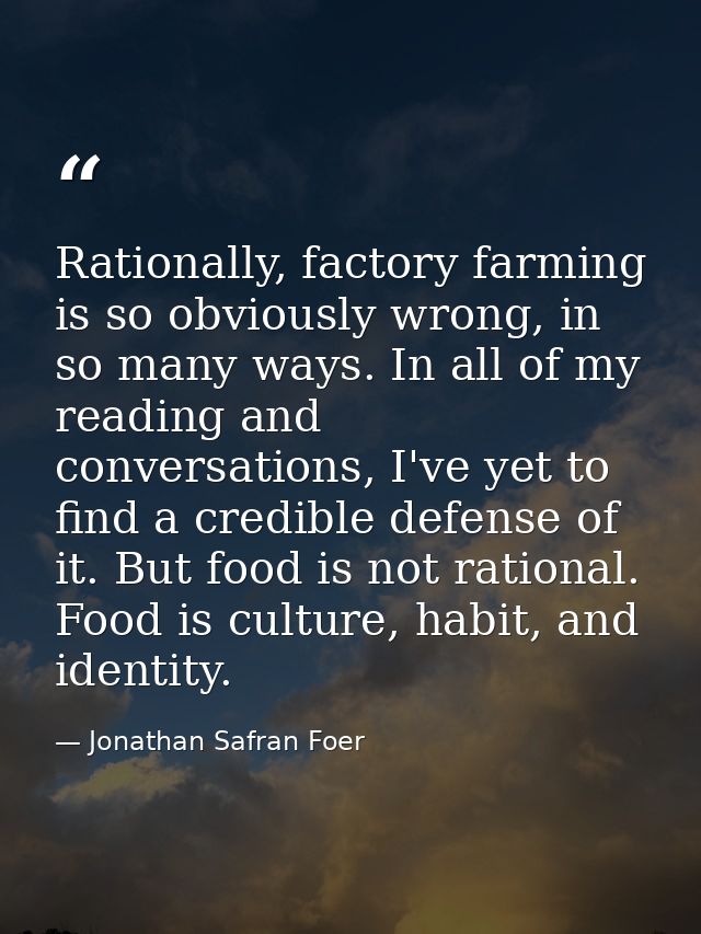 Rationally, factory farming is so obviously wrong, in so many ways. In all of my reading and conversations, I've yet to  — Jonathan Safran Foer