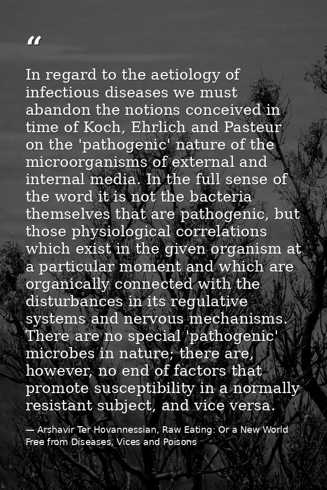 In regard to the aetiology of infectious diseases we must abandon the notions conceived in time of Koch, Ehrlich and Pas — Arshavir Ter Hovannessian, Raw Eating: Or a New World Free from Diseases, Vices and Poisons