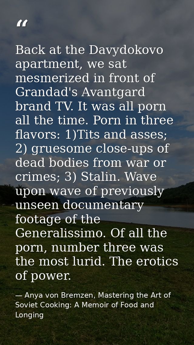 Back at the Davydokovo apartment, we sat mesmerized in front of Grandad's Avantgard brand TV. It was all porn all the ti — Anya von Bremzen, Mastering the Art of Soviet Cooking: A Memoir of Food and Longing