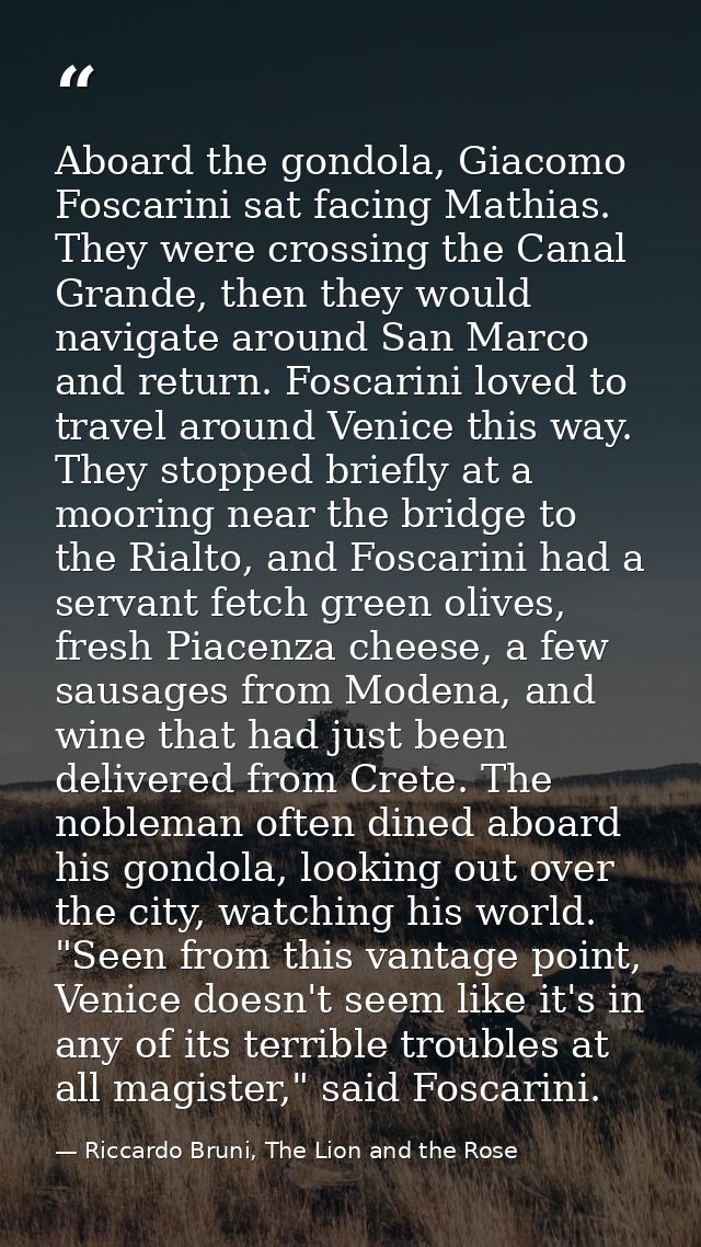 Aboard the gondola, Giacomo Foscarini sat facing Mathias. They were crossing the Canal Grande, then they would navigate  — Riccardo Bruni, The Lion and the Rose