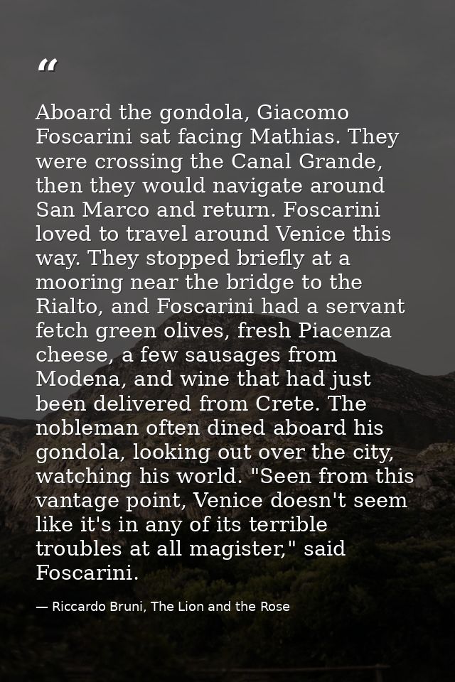 Aboard the gondola, Giacomo Foscarini sat facing Mathias. They were crossing the Canal Grande, then they would navigate  — Riccardo Bruni, The Lion and the Rose