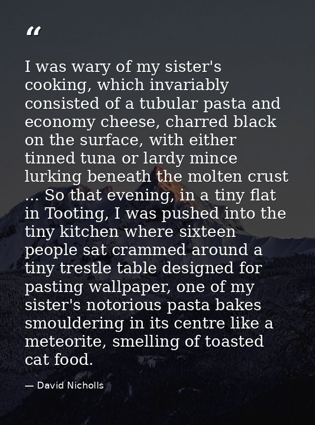 I was wary of my sister's cooking, which invariably consisted of a tubular pasta and economy cheese, charred black on th — David Nicholls
