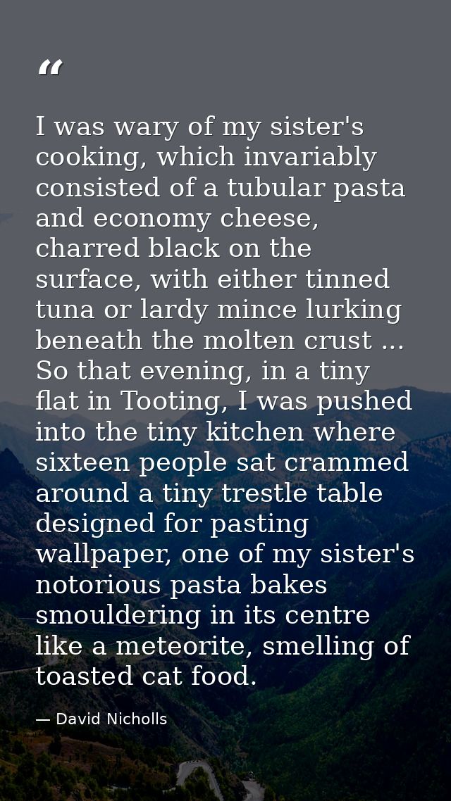 I was wary of my sister's cooking, which invariably consisted of a tubular pasta and economy cheese, charred black on th — David Nicholls
