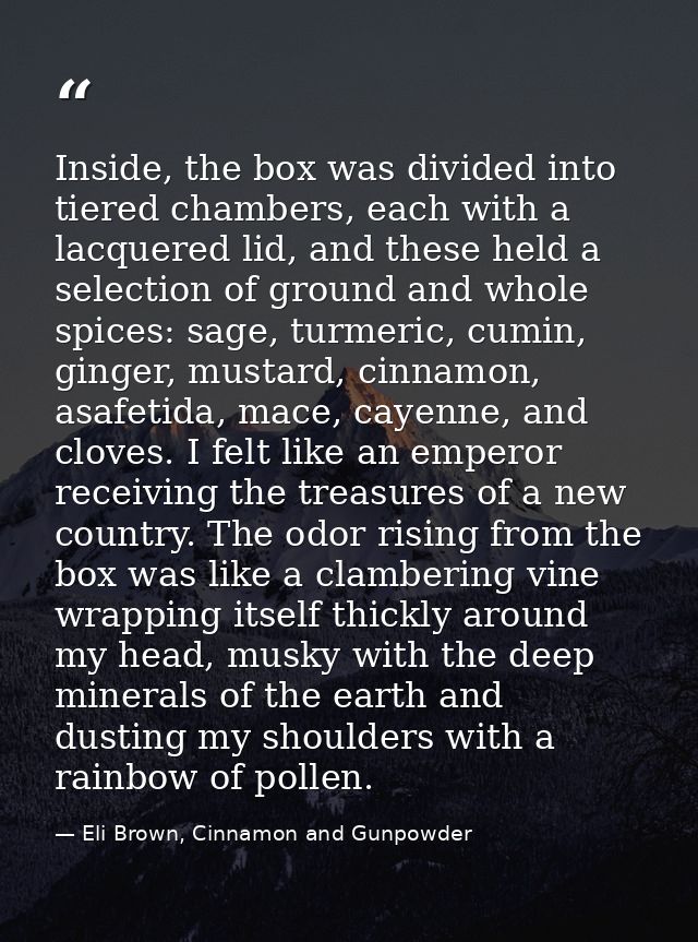 Inside, the box was divided into tiered chambers, each with a lacquered lid, and these held a selection of ground and wh — Eli Brown, Cinnamon and Gunpowder