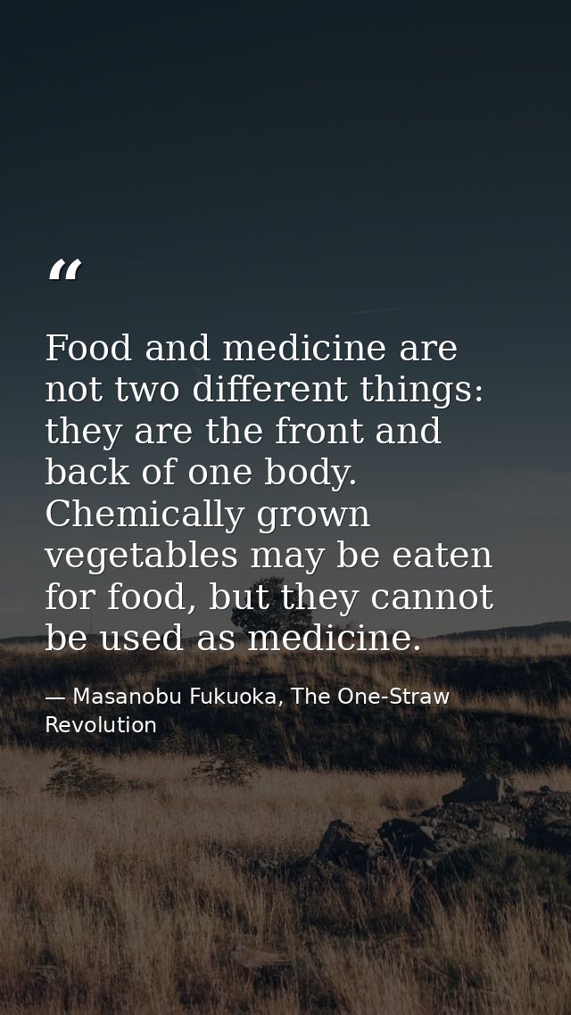 Food and medicine are not two different things: they are the front and back of one body. Chemically grown vegetables may — Masanobu Fukuoka, The One-Straw Revolution