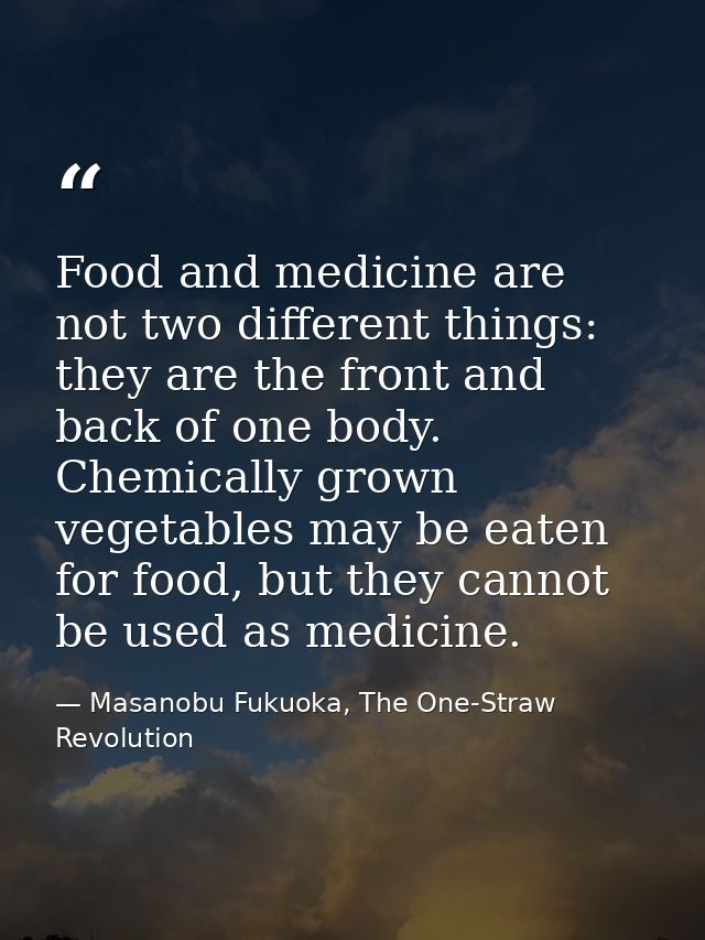 Food and medicine are not two different things: they are the front and back of one body. Chemically grown vegetables may — Masanobu Fukuoka, The One-Straw Revolution
